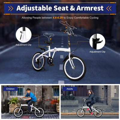 Fridgestea 20 Inch Folding Bike 6-Speed Foldable Bike with Dual V-Brakes & Shock Absorbers – Adjustable Seat (75-93cm) & Handlebar (97-113cm) – Carbon Steel Commuter Bicycle for Adults