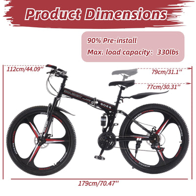LSBIKE 24 26 27.5In Foldable Mountain Bike Dual Suspension Hardtail Bicycle Men Women Mountain Bike 21 Speed Drivetrain Lightweight Frame Sport Cycling Bike for Adult (Black Red, 27.5inch)