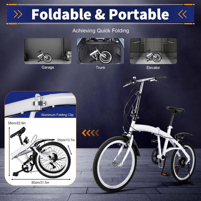 Fridgestea 20 Inch Folding Bike 6-Speed Foldable Bike with Dual V-Brakes & Shock Absorbers – Adjustable Seat (75-93cm) & Handlebar (97-113cm) – Carbon Steel Commuter Bicycle for Adults