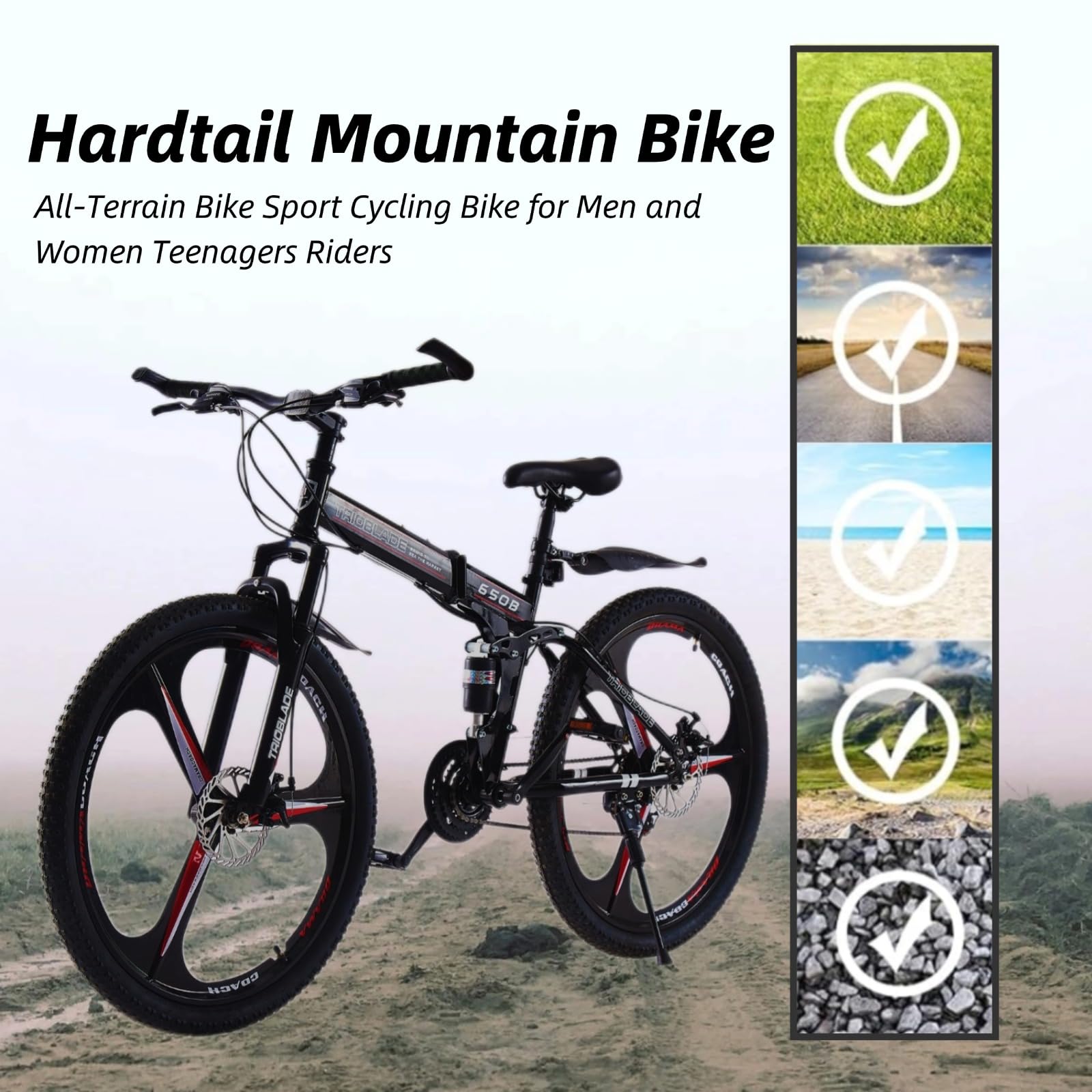 LSBIKE 24 26 27.5In Foldable Mountain Bike Dual Suspension Hardtail Bicycle Men Women Mountain Bike 21 Speed Drivetrain Lightweight Frame Sport Cycling Bike for Adult (Black Red, 27.5inch)