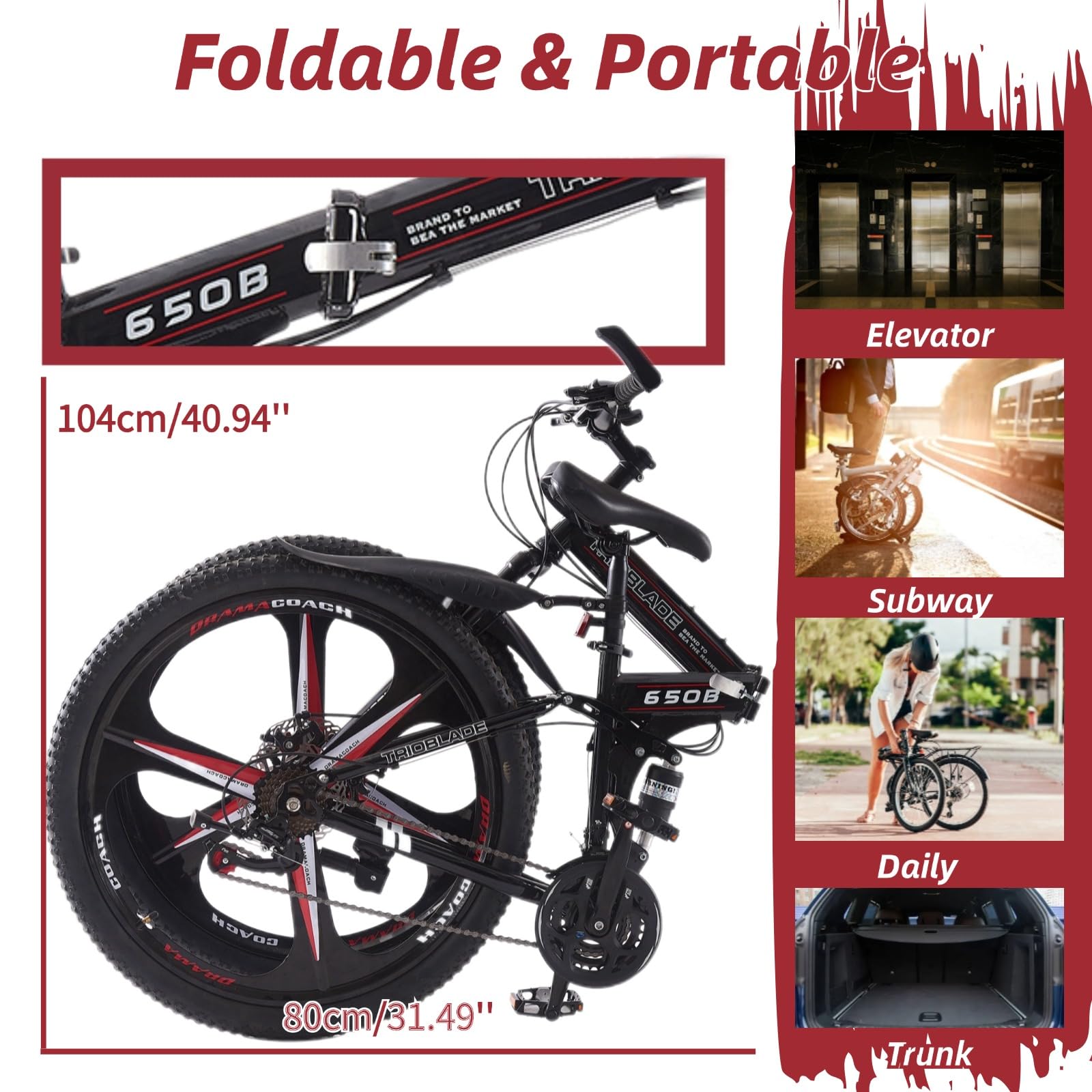LSBIKE 24 26 27.5In Foldable Mountain Bike Dual Suspension Hardtail Bicycle Men Women Mountain Bike 21 Speed Drivetrain Lightweight Frame Sport Cycling Bike for Adult (Black Red, 27.5inch)