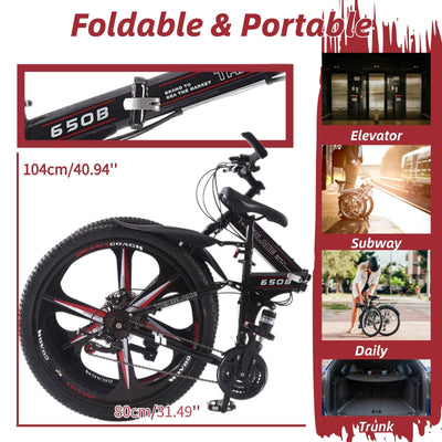 LSBIKE 24 26 27.5In Foldable Mountain Bike Dual Suspension Hardtail Bicycle Men Women Mountain Bike 21 Speed Drivetrain Lightweight Frame Sport Cycling Bike for Adult (Black Red, 27.5inch)