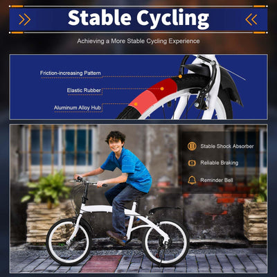 Fridgestea 20 Inch Folding Bike 6-Speed Foldable Bike with Dual V-Brakes & Shock Absorbers – Adjustable Seat (75-93cm) & Handlebar (97-113cm) – Carbon Steel Commuter Bicycle for Adults