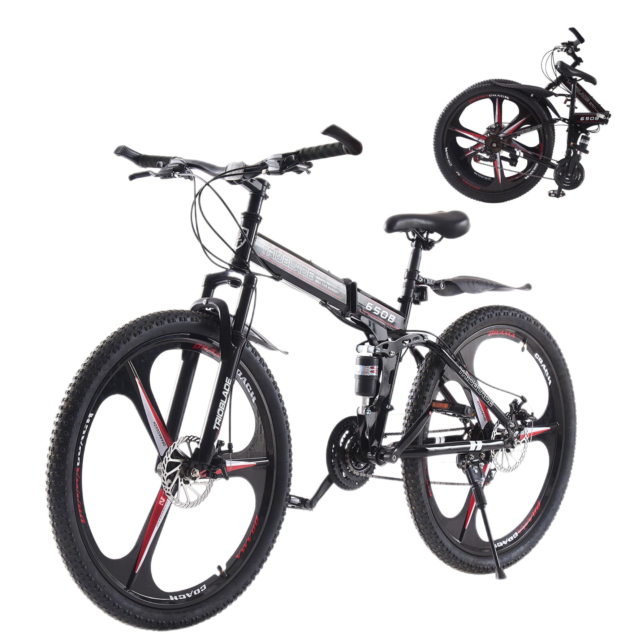LSBIKE 24 26 27.5In Foldable Mountain Bike Dual Suspension Hardtail Bicycle Men Women Mountain Bike 21 Speed Drivetrain Lightweight Frame Sport Cycling Bike for Adult (Black Red, 27.5inch)