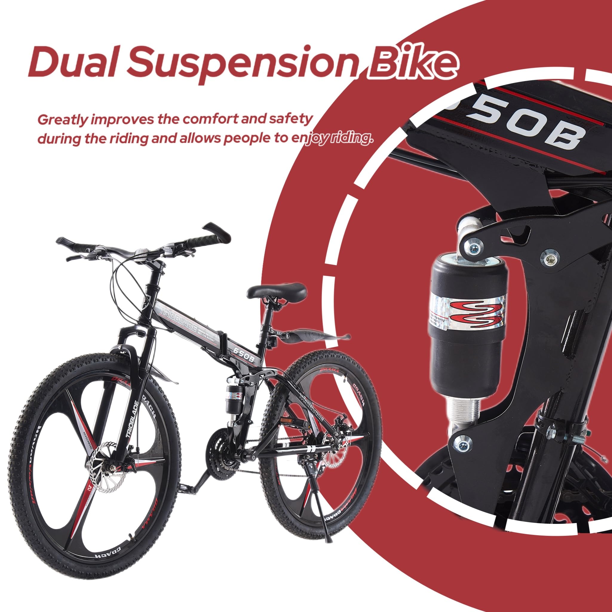 LSBIKE 24 26 27.5In Foldable Mountain Bike Dual Suspension Hardtail Bicycle Men Women Mountain Bike 21 Speed Drivetrain Lightweight Frame Sport Cycling Bike for Adult (Black Red, 27.5inch)