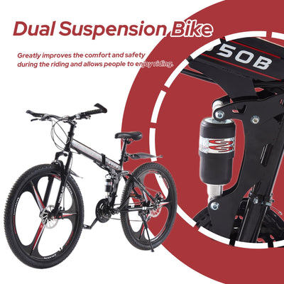 LSBIKE 24 26 27.5In Foldable Mountain Bike Dual Suspension Hardtail Bicycle Men Women Mountain Bike 21 Speed Drivetrain Lightweight Frame Sport Cycling Bike for Adult (Black Red, 27.5inch)