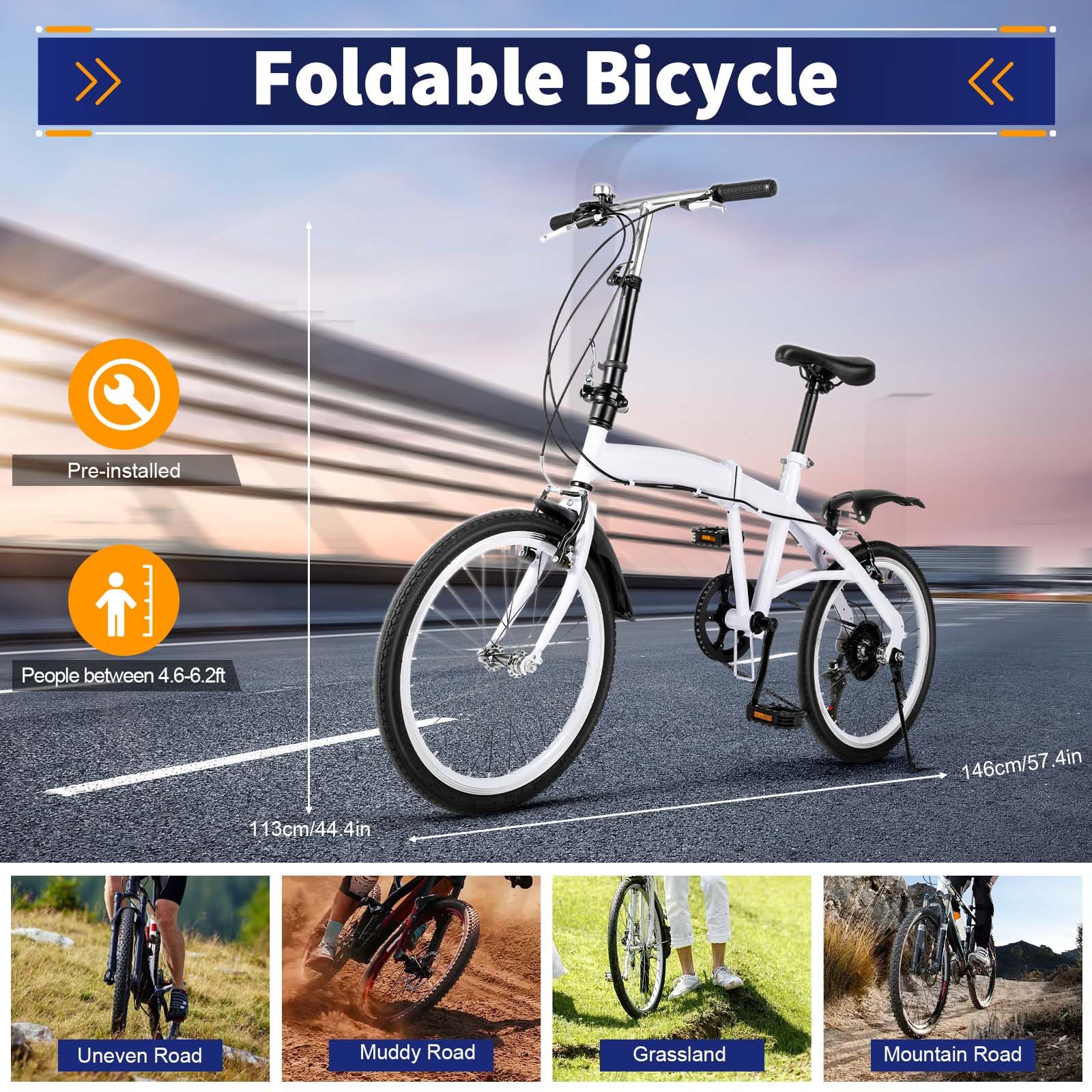 Fridgestea 20 Inch Folding Bike 6-Speed Foldable Bike with Dual V-Brakes & Shock Absorbers – Adjustable Seat (75-93cm) & Handlebar (97-113cm) – Carbon Steel Commuter Bicycle for Adults