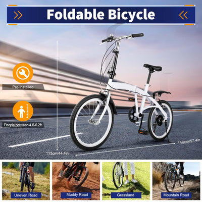 Fridgestea 20 Inch Folding Bike 6-Speed Foldable Bike with Dual V-Brakes & Shock Absorbers – Adjustable Seat (75-93cm) & Handlebar (97-113cm) – Carbon Steel Commuter Bicycle for Adults